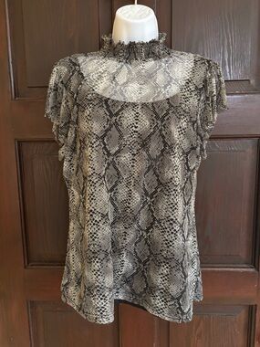 Kaktus Sheer Snake Print Mock Neck Blouse - Black & Cream